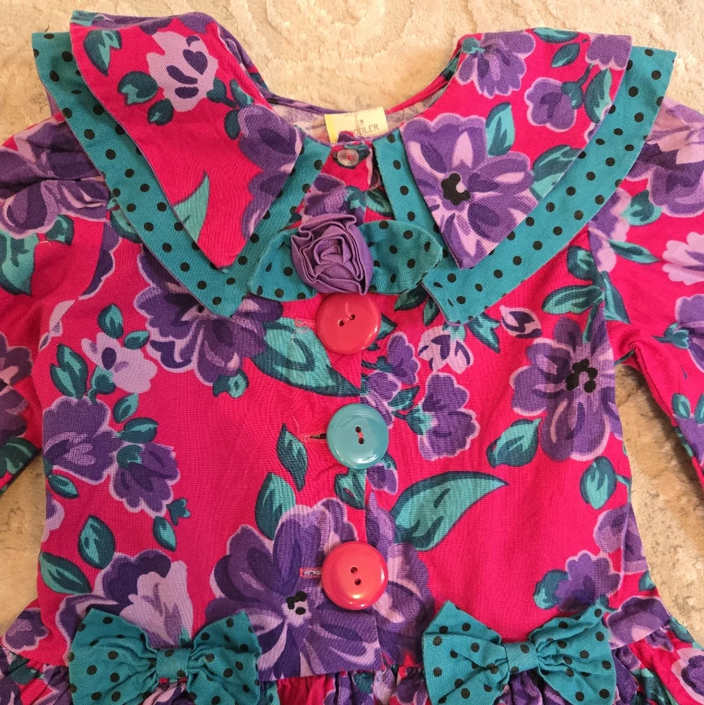 Vintage 1990s Ruffle Long Sleeve Floral Pink Teal Purple Dress